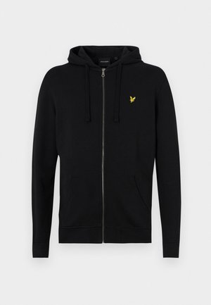 Black zip-up hoodie made from soft fabric, featuring a drawstring hood, front pockets, and a small yellow eagle logo on the chest.