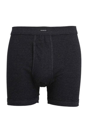 Boxers à rayures sombres en tissu doux, présentant un design ajusté, une taille élastique et une longueur mi-cuisse. Schéma de couleurs classique.