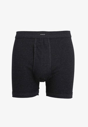 Boxers à rayures sombres en tissu doux, présentant un design ajusté, une taille élastique et une longueur mi-cuisse. Schéma de couleurs classique.