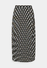 Svart blyertskjol med ett geometriskt diamantmönster i beige, vitt och ljusblått. Elastisk midja och mjuk tygtextur.