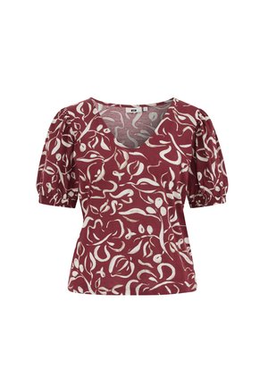 Marhuľová blúzka s krátkym rukávom s bielym abstraktným kvetinovým vzorom, nafúknutými rukávmi a výstrihom do V.