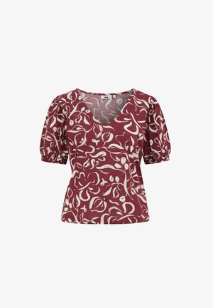 Kaštanově hnědá krátký rukáv halenka s bílým abstraktním květinovým vzorem, nafouklými rukávy a výstřihem do V.