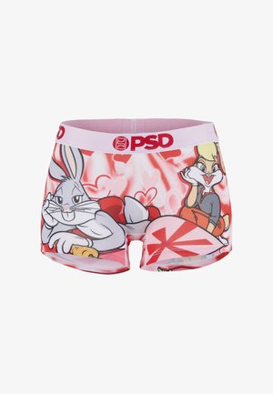 Calzoncillos bóxer rosas con los personajes de dibujos animados Bugs Bunny y Lola Bunny, corazones rojos y cintura blanca con el logo "PSD" en rojo.