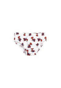 Maillots de bain blancs pour enfants, ornés d'un motif répété de personnages Spider-Man rouges et bleus. Ceinture élastique pour un ajustement confortable.
