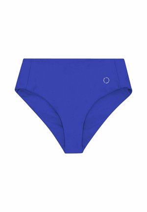 Slip bikini blu alto in vita realizzato in tessuto morbido. Presenta un colore uniforme con un piccolo logo accento sul lato. Design semplice e aerodinamico.