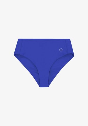 Mėlynos aukštos juosmens bikini kelnaitės, pagamintos iš sklandžios medžiagos. Turi vientisos spalvos dizainą su mažu logotipo akcentu šone. Paprastas, modernus dizainas.