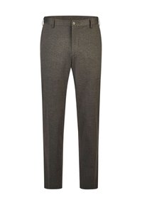 Pantalon de costume pour homme gris foncé, ajusté, avec bouton et passants pour ceinture, coupe droite, présenté sur fond blanc.