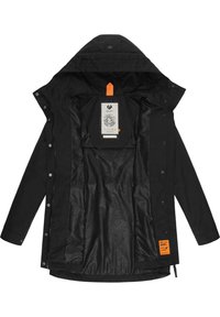 Black waterproof jacket with a hood, featuring silver hardware and orange accents. Inner lining displays a textured pattern with branding.