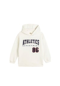 Vit huvtröja med trycket "ATHLETICS DEPARTMENT" i marinblått och siffran "86" i fet röd. Slät textur, långa ärmar.
