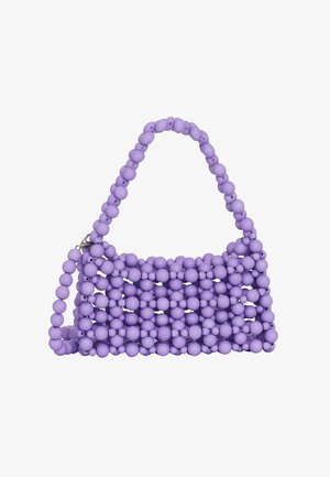 Borse a rete viola con una forma strutturata, caratterizzata da un manico realizzato con perline tonde e fili interconnessi per un aspetto texturizzato.
