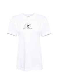 Weißes Baumwoll-T-Shirt mit kurzen Ärmeln, bedruckt mit einem schwarzen Hund und dem Text "Furry Christmas", dekoriert mit Feiertagsornamenten.