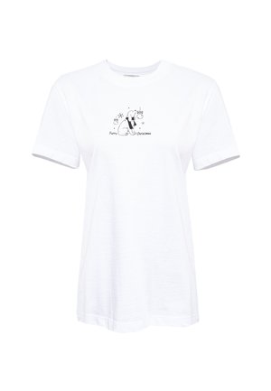 White cotton t-shirt with short sleeves, featuring a black print of a dog and "Furry Christmas" text, decorated with holiday ornaments.