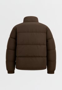 Giacca imbottita marrone con collo alto, presenta sezioni trapuntate e polsini a coste. Texture liscia e opaca con un design semplice.