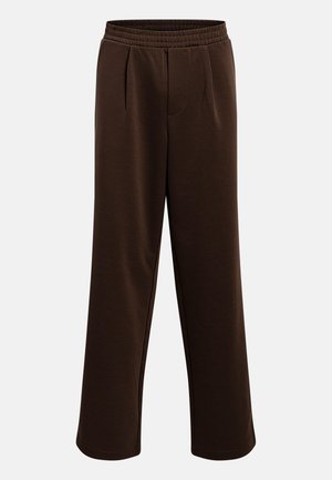 Pantalon marron foncé à jambes droites avec taille élastique et plis devant, sur un fond clair.