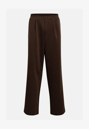 Pantalon marron foncé à jambes droites avec taille élastique et plis devant, sur un fond clair.