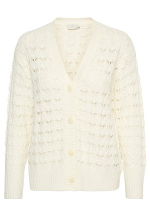 Gilet en tricot de couleur crème avec un col en V, présentant un motif texturé, quatre grands boutons et des poignets et un ourlet à côtes.