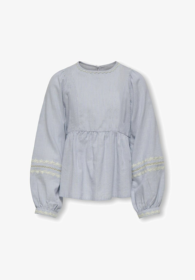 Helles blau gestreiftes Blusenshirt mit Puffärmeln, gerafftem Oberteil und Spitzenakzenten an den Ärmeln. Aus weicher Baumwolle gefertigt. Rundhalsausschnitt.