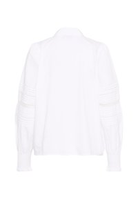 Blouse blanche à manches longues avec des plis et des détails en dentelle sur les manches, poignets élastiques et un col classique, vue de dos.