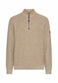 Beige gebreide trui met ritssluiting, voorzien van een gestructureerd patroon, geribbelde kraag en manchetten, en een klein logo op de linkermouw.