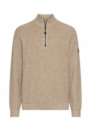 Beige strikket sweater med lynlås og tekstureret mønster, ribbet krave og manchetter samt et lille mærke på venstre ærme.