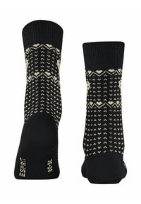 Czarne skarpety z geometrycznym kremowym wzorem, dzianinową teksturą, ściągaczami u góry i wzmocnionymi palcami. Odpowiednie do codziennego użytku lub aktywności sportowej.