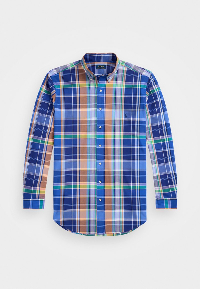Blå och brun rutiga långärmade skjorta med knapp-ner krage. Har olika nyanser av blått, grönt och orange i ett rutig mönster.