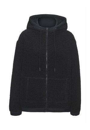 Black fleece hoodie with a zip front, drawstring hood, two front pockets, and ribbed cuffs and hem for a snug fit. Soft texture.