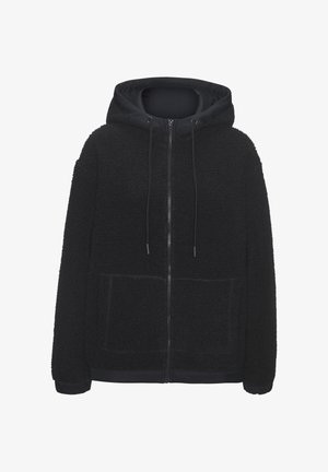 Schwarzer Fleece-Hoodie mit einem Reißverschluss vorne, Kordelzugkapuze, zwei Fronttaschen sowie gerippten Bündchen und Saum für eine enganliegende Passform. Weiche Textur.