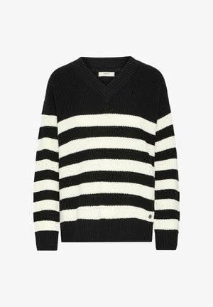 Juoda ir balta dryžuota megztinis su V formos iškirpte, raukšlėta tekstūra, ilgomis rankovėmis ir mažos logotipo detalėmis jojos. Pagamintas iš mezginio medžiagos.