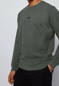 Sudadera verde hecha de material suave, con cuello redondo, mangas largas y un pequeño logo negro en el pecho.