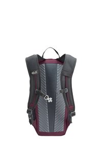 Rucksack aus grauem Netzgewebe mit burgunderroten Akzenten, ausgestattet mit gepolsterten Trägern, einem zentralen Unterstützungssystem und einem oberen Tragegriff.