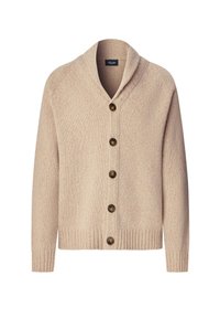 Beige gebreide cardigan met sjaalkraag en vijf bruine knopen aan de voorkant, geribbelde manchetten en zoom.