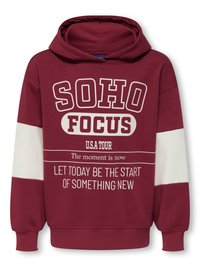 Bordeaux hoodie med en stor grafisk tryck som säger "SOHO FOCUS" och text. Vita detaljer på ärmarna. Mjuk material, justerbar huva.