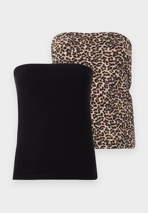 Two strapless tops: one solid black, the other with a beige background and black leopard print. Both have a smooth texture and classic fit.