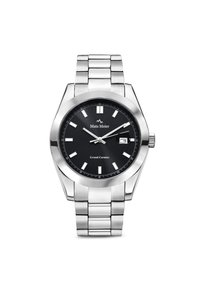 Montre en acier inoxydable argenté avec un cadran noir rond, des index horaires lumineux, un affichage de la date à 3 heures, et un bracelet à maillons.