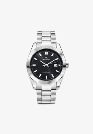 Zilveren roestvrijstalen horloge met een ronde zwarte wijzerplaat, luminescente uurmarkeringen, datumaanduiding op 3 uur en een schakels band.