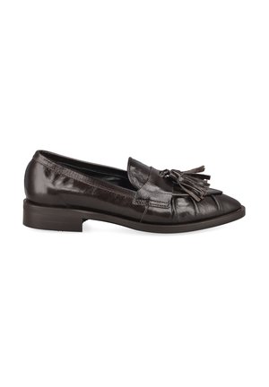 Dark brown leather loafer with tassel detail, low heel, and rounded toe, shown from the side on a white background.