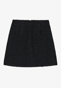 Svart tweed skjørt med en teksturert overflate og hevet rutenettmønster. Har elastisk midje for en komfortabel passform.