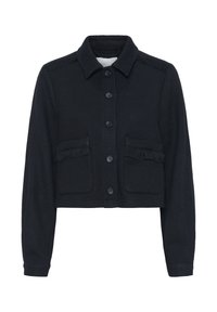 Musta lyhyt takki, jossa on tekstuuri, varustettuna kauluksellisella kauluksella, napilla edessä ja kahdella rintataskulla, joissa on fringed yksityiskohtia.