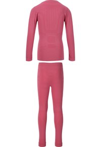 To-delt sportssæt i ensfarvet lyserød, med lange ærmer og tætsiddende leggings. Strikket struktur med ventilationsmønster på ryggen for åndbarhed.