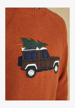 Strickpullover in verbranntem Orange mit einem gestickten braunen Fahrzeug, auf dem ein grüner Baum sitzt, vor einem strukturierten Hintergrund.