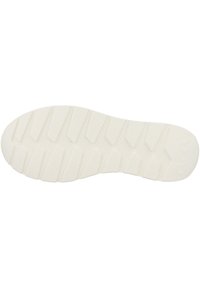 Semelle de chaussure en caoutchouc blanc avec un motif texturé, comportant des rainures et des creux pour une traction optimale. Bout arrondi et zone de talon profilée.