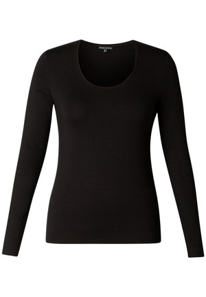 Zwarte lange mouwen t-shirt met een ronde halslijn, voorzien van een getailleerd ontwerp en een gladde stofstructuur. Geen patronen of versieringen aanwezig.