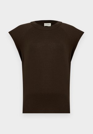 Dark brown sleeveless knitted top with a round neckline and a small fabric tag inside at the back neckline.
