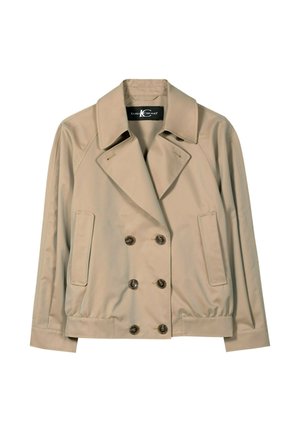 Beige double-breasted cropped jacket with wide lapels, button closures, long sleeves, and two front flap pockets.