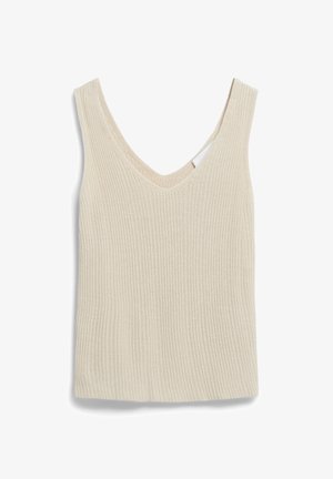 Beige geribbelde tanktop met een V-hals. Heeft een textuurstof met horizontale lijnen en een aansluitend ontwerp. Geen zichtbare versieringen.