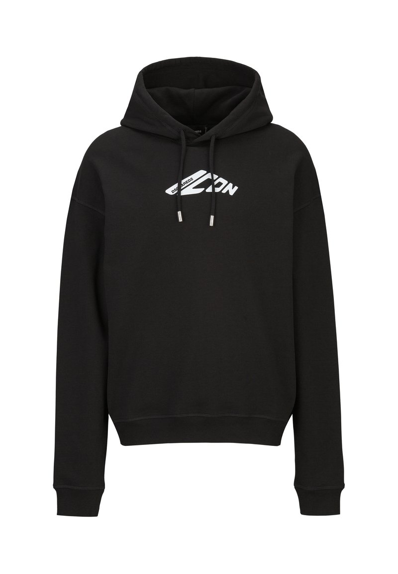 Black sweatshirt with a hood, featuring a white logo on the chest. Made of soft fabric, with ribbed cuffs and hem. Adjustable drawstrings.