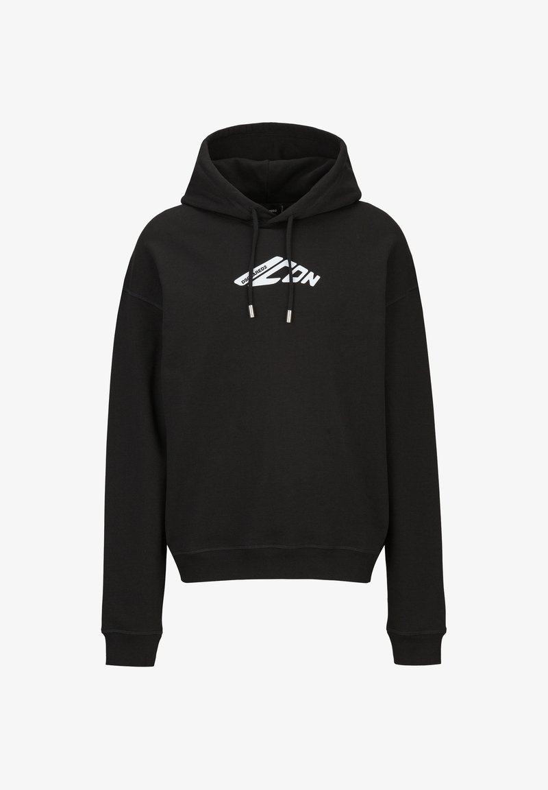 Black sweatshirt with a hood, featuring a white logo on the chest. Made of soft fabric, with ribbed cuffs and hem. Adjustable drawstrings.