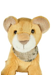 Plush lion toy with a soft, golden-yellow fabric, brown accents on ears and face, and a patterned, beige scarf around its neck.