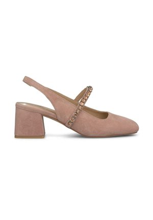 Pink suede slingback heels with a pointed toe and a low block heel, featuring a decorative strap adorned with clear gemstones.